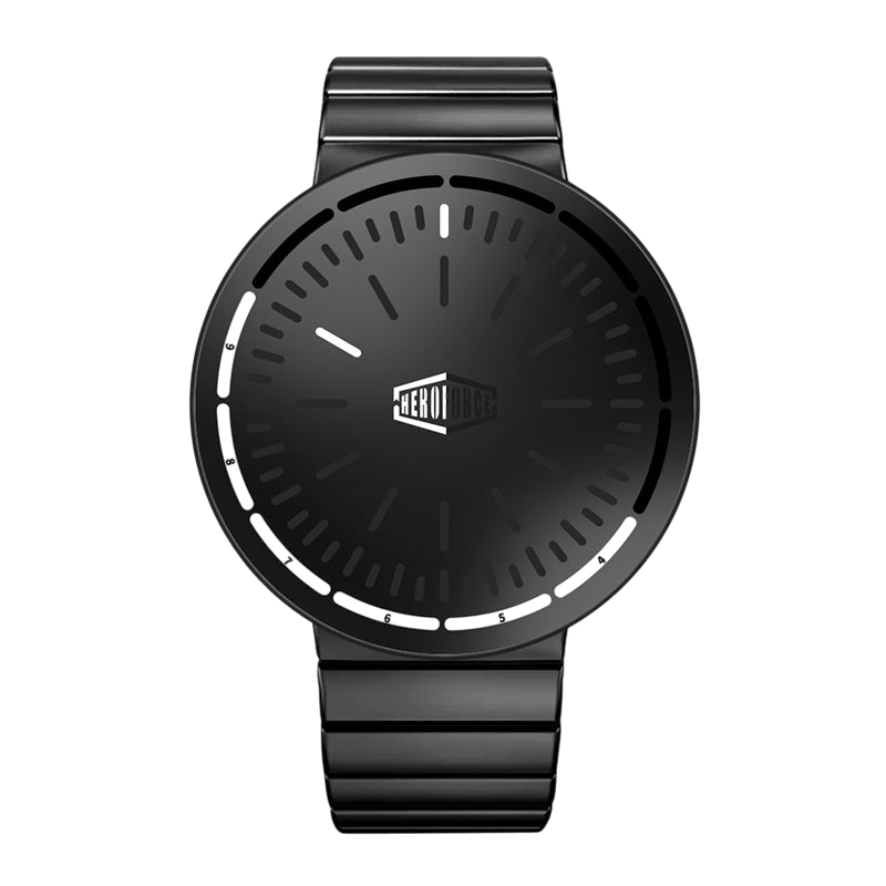 A sleek black HEROFORCE 500A analog watch with a round bezel, matching black metal strap, and a minimalist dial featuring white hands and a central logo, shown against a plain white background.