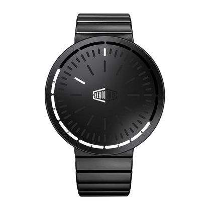 A sleek black HEROFORCE 500A analog watch with a round bezel, matching black metal strap, and a minimalist dial featuring white hands and a central logo, shown against a plain white background.