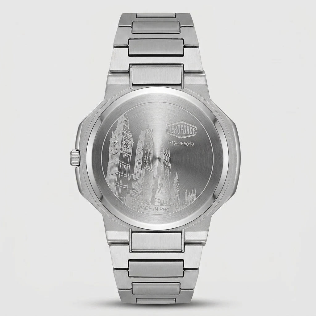 A stainless steel analog watch shown from the back, featuring an engraved London skyline design on the circular case back and a matching metal link bracelet, set against a light gray background.