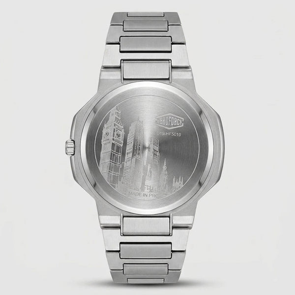 A stainless steel analog watch shown from the back, featuring an engraved London skyline design on the circular case back and a matching metal link bracelet, set against a light gray background.