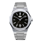 A stainless steel men's watch with an octagonal bezel, a brushed silver-tone metal link bracelet, and a black dial featuring silver-tone hands and indices.