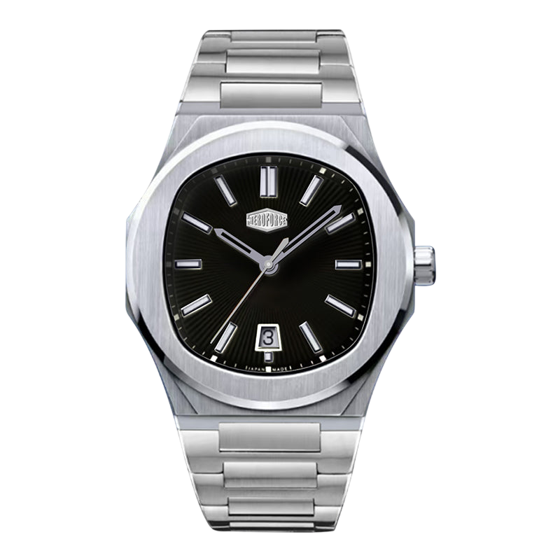 A stainless steel men's watch with an octagonal bezel, a brushed silver-tone metal link bracelet, and a black dial featuring silver-tone hands and indices.