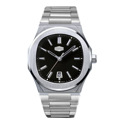 A stainless steel men's watch with an octagonal bezel, a brushed silver-tone metal link bracelet, and a black dial featuring silver-tone hands and indices.