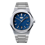 A stainless steel wrist watch with an octagonal bezel, a blue sunburst dial, and a matching steel link bracelet, shown against a plain white background.