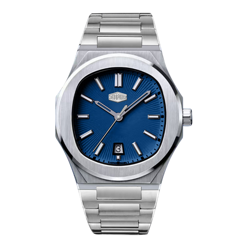 A stainless steel wrist watch with an octagonal bezel, a blue sunburst dial, and a matching steel link bracelet, shown against a plain white background.