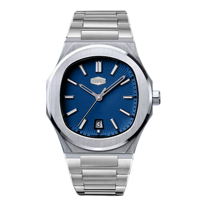 A stainless steel wrist watch with an octagonal bezel, a blue sunburst dial, and a matching steel link bracelet, shown against a plain white background.