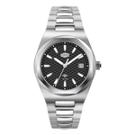 A stainless steel wrist watch with a silver-toned metal bracelet and case, featuring a textured black dial with silver indices and a date window.