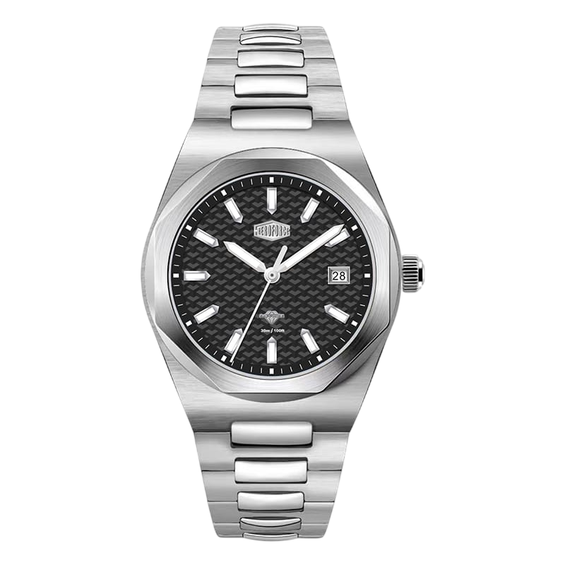 A stainless steel wrist watch with a silver-toned metal bracelet and case, featuring a textured black dial with silver indices and a date window.