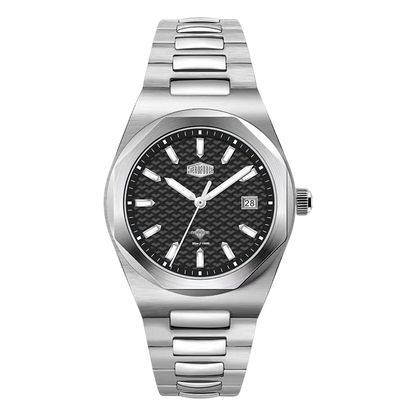 A stainless steel wrist watch with a silver-toned metal bracelet and case, featuring a textured black dial with silver indices and a date window.