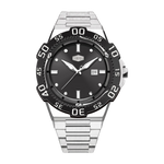 A stainless steel wristwatch with a black dial and a black rotating bezel featuring white minute markers. The watch has silver-tone hands, luminous hour markers, a date window at 3 o'clock, and a matching silver-tone link bracelet, shown against a solid black background.