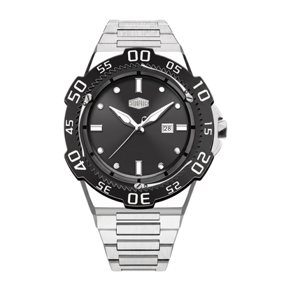 A stainless steel wristwatch with a black dial and a black rotating bezel featuring white minute markers. The watch has silver-tone hands, luminous hour markers, a date window at 3 o'clock, and a matching silver-tone link bracelet, shown against a solid black background.