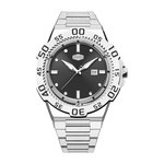 A stainless steel wristwatch with a black dial, silver-tone bezel and bracelet, and a date window at 3 o'clock, shown against a plain white background.