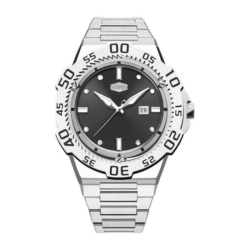 A stainless steel wristwatch with a black dial, silver-tone bezel and bracelet, and a date window at 3 o'clock, shown against a plain white background.