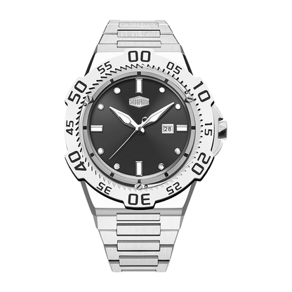 A stainless steel wristwatch with a black dial, silver-tone bezel and bracelet, and a date window at 3 o'clock, shown against a plain white background.