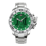 A stainless steel wristwatch with a green dial and a black bezel featuring white numerals, shown against a plain white background.