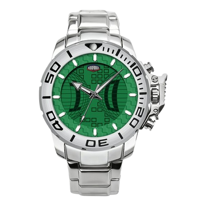A stainless steel wristwatch with a green dial and a black bezel featuring white numerals, shown against a plain white background.