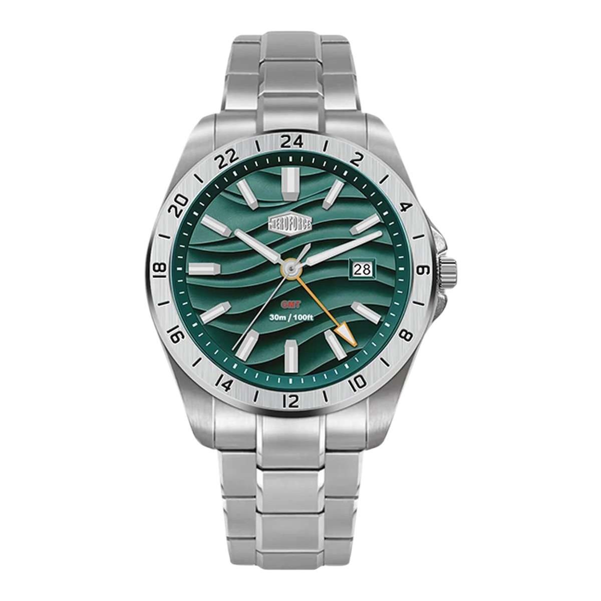 A stainless steel wristwatch with a green wavy dial and a silver link bracelet, shown against a plain white background.