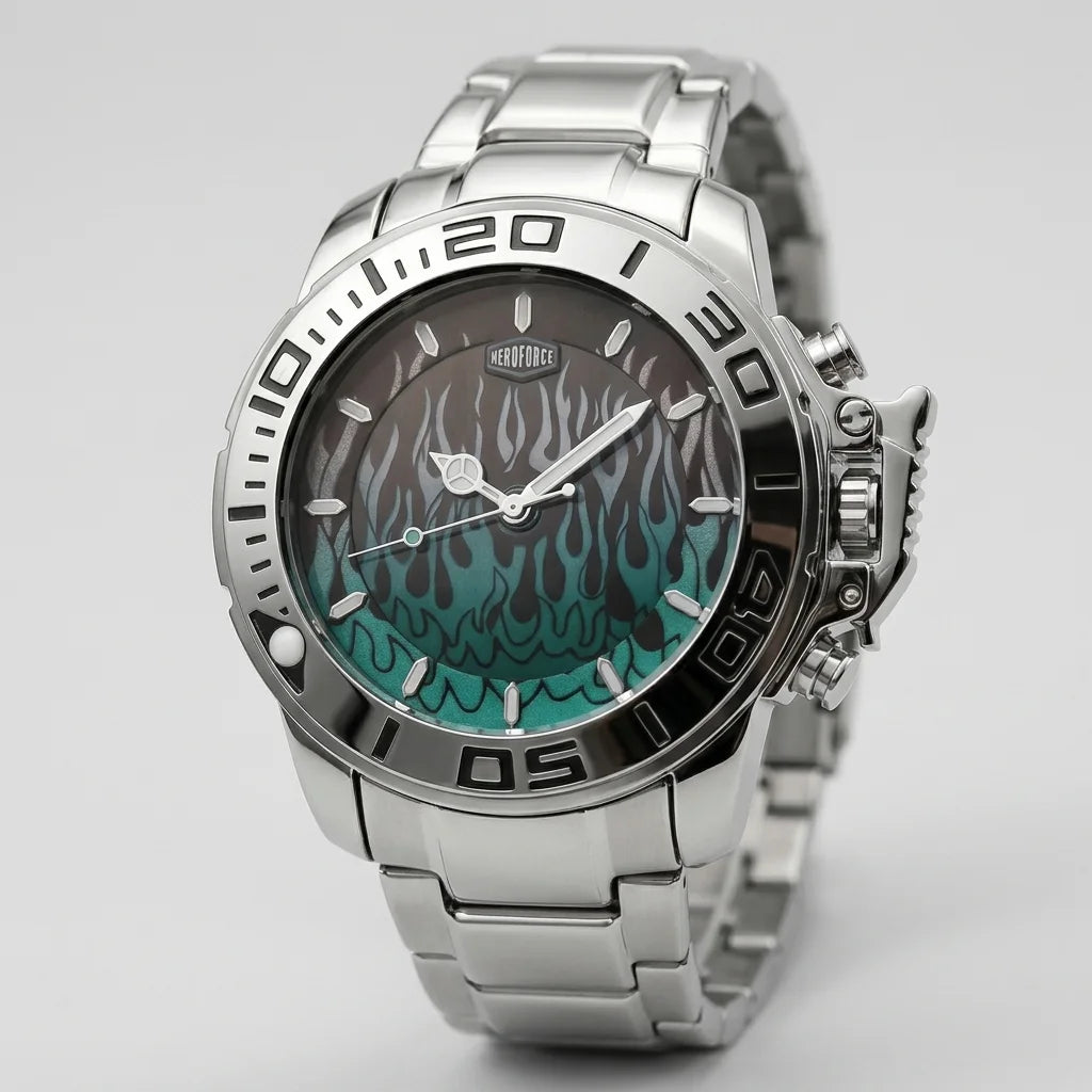 A stainless steel wristwatch with a silver-tone metal link bracelet, a black bezel with white numerals, and a dark dial featuring a teal and black flame pattern.