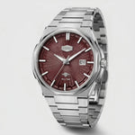 A stainless steel wristwatch with a textured burgundy-red dial and a matching metal link bracelet, shown on a light gray background.