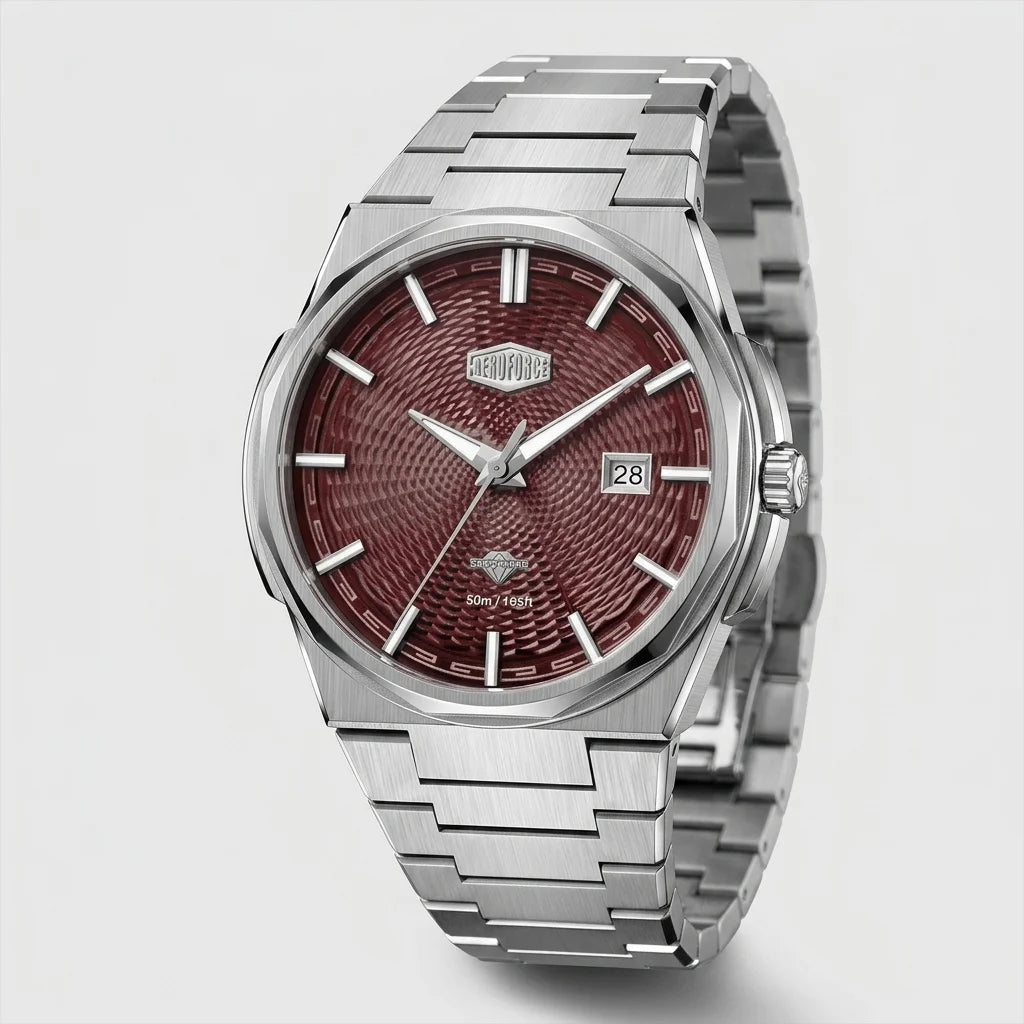 A stainless steel wristwatch with a textured burgundy-red dial and a matching metal link bracelet, shown on a light gray background.