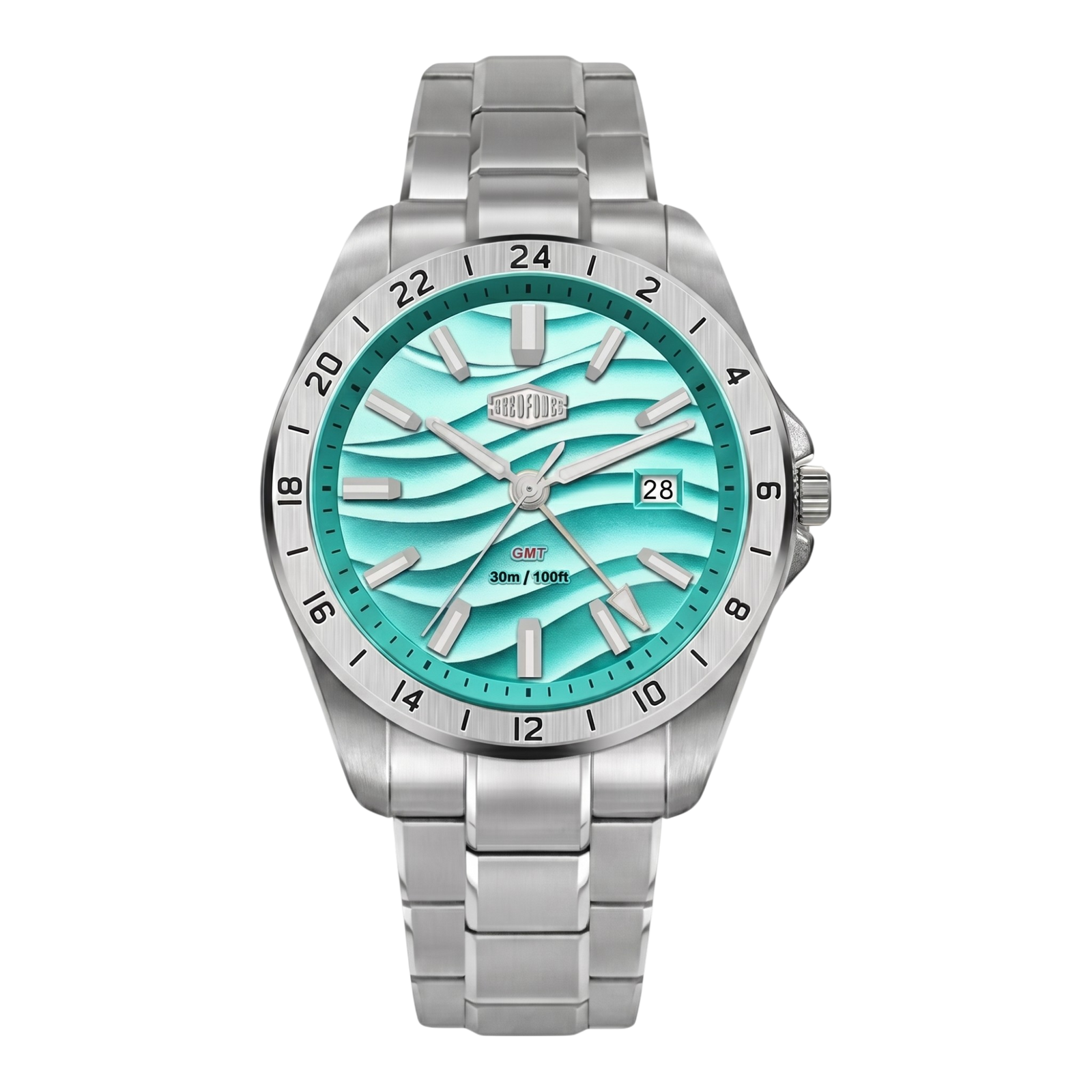 A stainless steel wristwatch with a turquoise and white wavy pattern dial, a silver bezel with black markings, and a matching silver link bracelet, shown against a plain white background.