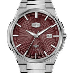 A stainless steel wristwatch with an octagonal bezel, a textured dark red-brown dial, silver-tone hands and hour markers, and a date window showing '28'.