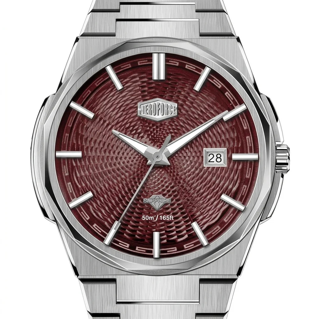 A stainless steel wristwatch with an octagonal bezel, a textured dark red-brown dial, silver-tone hands and hour markers, and a date window showing '28'.