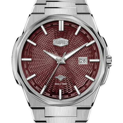 A stainless steel wristwatch with an octagonal bezel, a textured dark red-brown dial, silver-tone hands and hour markers, and a date window showing '28'.
