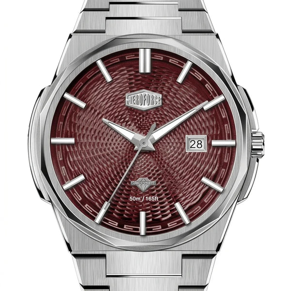 A stainless steel wristwatch with an octagonal bezel, a textured dark red-brown dial, silver-tone hands and hour markers, and a date window showing '28'.