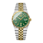 A two-tone stainless steel and gold wristwatch with a green dial, fluted bezel, and matching two-tone link bracelet, shown on a plain white background.