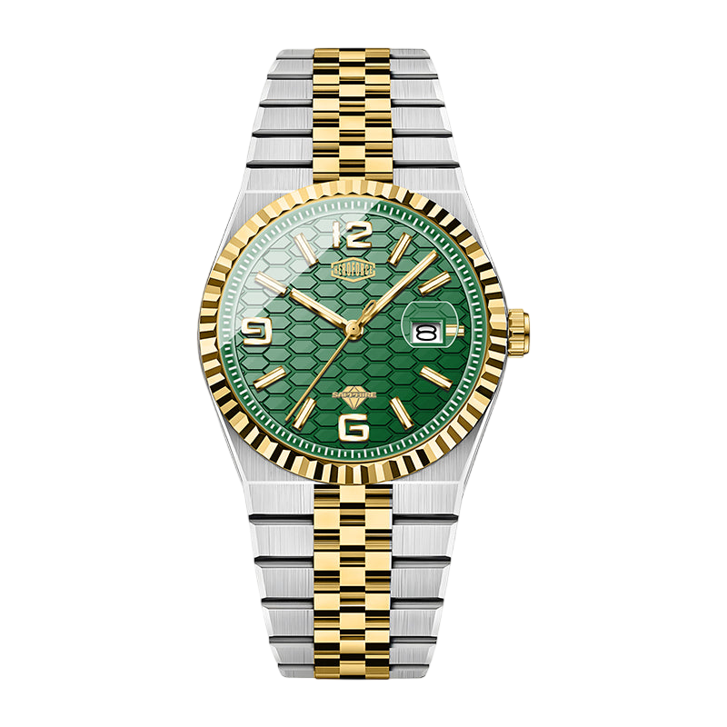 A two-tone stainless steel and gold wristwatch with a green dial, fluted bezel, and matching two-tone link bracelet, shown on a plain white background.