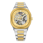 A two-tone automatic skeleton watch with a gold and stainless steel link bracelet, gold bezel