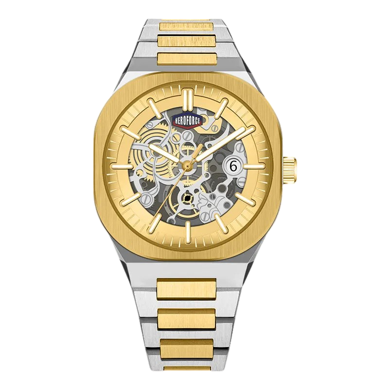 A two-tone automatic skeleton watch with a gold and stainless steel link bracelet, gold bezel