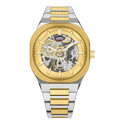 A two-tone automatic skeleton watch with a gold and stainless steel link bracelet, gold bezel