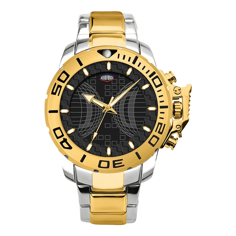A two-tone stainless steel and gold analog watch with a black dial, gold bezel, and matching gold and silver link bracelet, shown on a transparent pbackground.