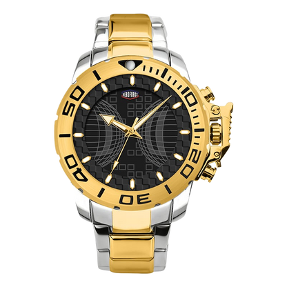 A two-tone stainless steel and gold analog watch with a black dial, gold bezel, and matching gold and silver link bracelet, shown on a transparent pbackground.