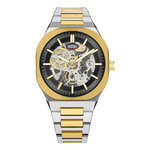 A two-tone stainless steel and gold automatic skeleton watch with a black dial, gold-tone bezel