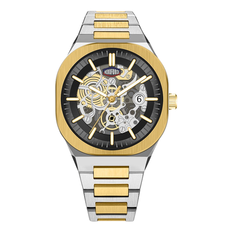 A two-tone stainless steel and gold automatic skeleton watch with a black dial, gold-tone bezel