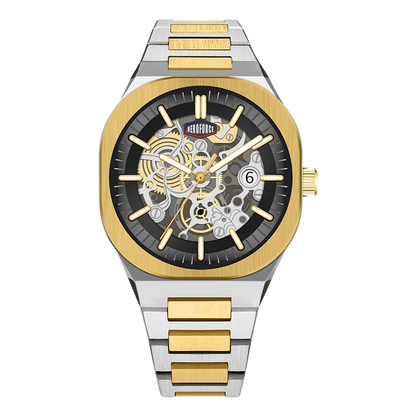 A two-tone stainless steel and gold automatic skeleton watch with a black dial, gold-tone bezel