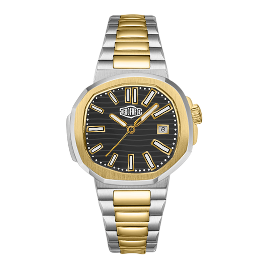 A two-tone stainless steel and gold watch by Heroforce, featuring a black dial with gold-tone hands and markers, a date window at 3 o'clock, and an octagonal bezel.