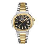 A two-tone stainless steel and gold watch by Heroforce, featuring a black dial with gold-tone hands and markers, a date window at 3 o'clock, and an octagonal bezel.