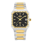 A two-tone stainless steel and gold watch with a black dial, featuring a unique scalloped bezel and integrated link bracelet.