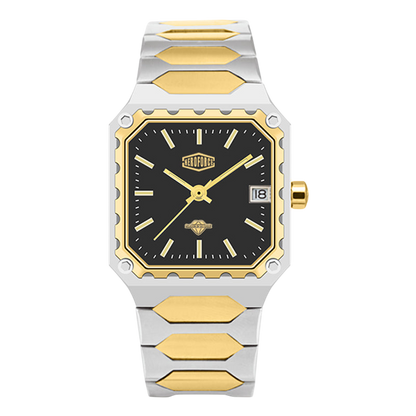 A two-tone stainless steel and gold watch with a black dial, featuring a unique scalloped bezel and integrated link bracelet.
