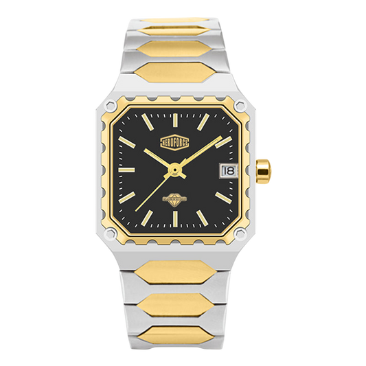 A two-tone stainless steel and gold watch with a black dial, featuring a unique scalloped bezel and integrated link bracelet.