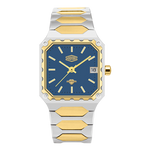 A two-tone stainless steel and gold watch with a blue dial, featuring a unique scalloped bezel and integrated metal link bracelet.