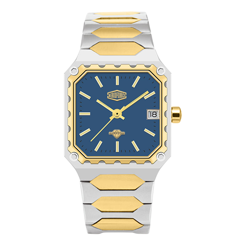 A two-tone stainless steel and gold watch with a blue dial, featuring a unique scalloped bezel and integrated metal link bracelet.