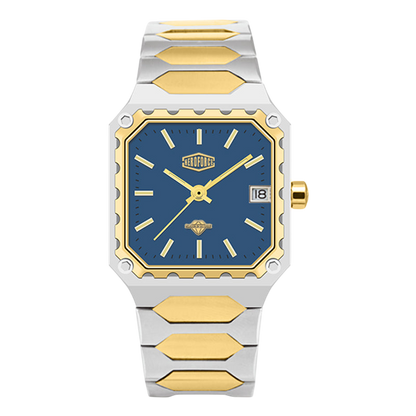 A two-tone stainless steel and gold watch with a blue dial, featuring a unique scalloped bezel and integrated metal link bracelet.
