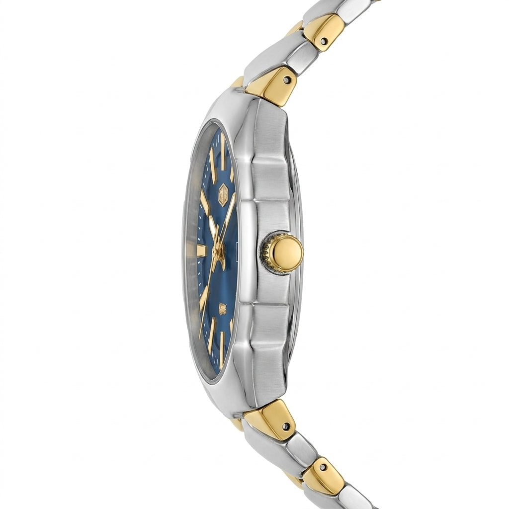 A two-tone stainless steel and gold watch with a blue dial, shown in a side profile view against a white background.
