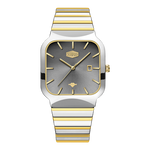 A two-tone stainless steel and gold watch with a square bezel, gray dial, and a matching striped metal bracelet, shown against a plain white background.