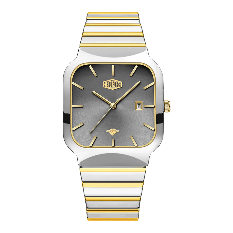 A two-tone stainless steel and gold watch with a square bezel, gray dial, and a matching striped metal bracelet, shown against a plain white background.
